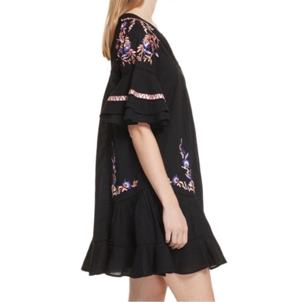 Free People Black‎ Floral Embroidered Mini Dress Boho Ruffle Bell Sleeve Pintuck - Picture 3 of 16